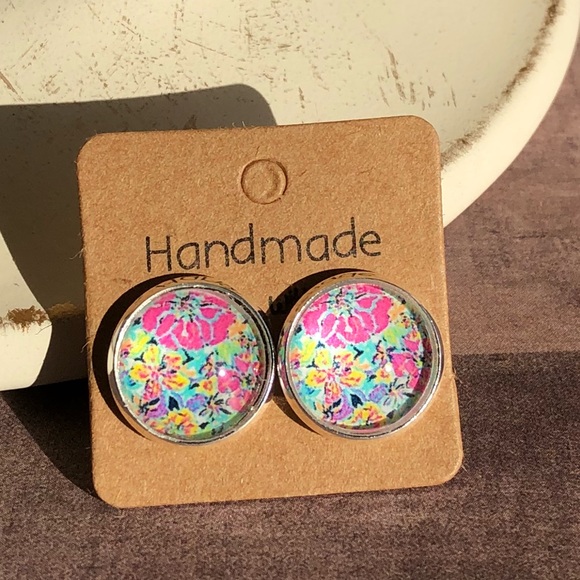 Cabana Bright Pink Floral Silver Stud Earrings - Picture 7 of 14